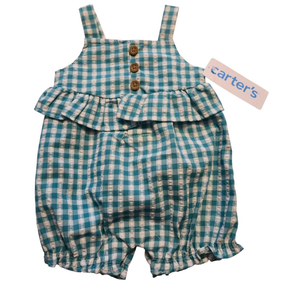 Carter's Romper Newborn Baby Girl Green Plaid Cotton Blend Ruffle Summer NEW